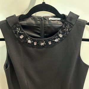 Tahari- Size 2- Black Dress-Satin Ribbon w Clear & Black Rhinestones at the neck